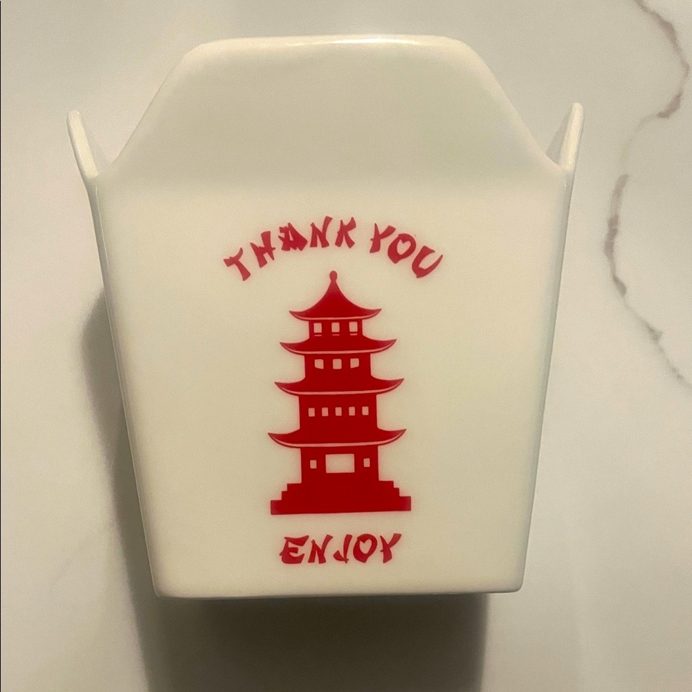 MAD Engine White Ceramic take-out styled Container with red Thank You Enjoy